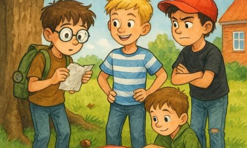 Są cztery postacie: Bruno (ok. 9 lat) z potarganymi brązowymi włosami, lśniącymi okrągłymi okularami, khaki plecakiem z wystającą lupą i pogniecionym notesem, stoi po lewej przy pniu kasztanowca; Kacper (ok. 10 lat) z krótkimi blond włosami w biało‑niebieskiej koszulce w paski, stoi w środku lekko do przodu z szerokim uśmiechem jako lider; Olek (ok. 9 lat) z ciemnobrązowymi włosami, czerwoną czapką z daszkiem, podartymi dżinsami i skrzyżowanymi ramionami, stoi po prawej pochylony ku Kacprowi; Maks (ok. 8 lat) z jasnobrązowymi włosami i nieśmiałym uśmiechem w zielonej kurtce trzyma małe kartonowe pudełko i kuca z przodu przy korzeniu. Akcja pod dużym kasztanowcem z widocznymi korzeniami, liśćmi i kilkoma otwartymi kasztanami na trawie; w tle ceglany dom z białymi oknami i jasne niebo; chłopcy szeptem planują niespodziankę na Dzień Ojca, karty i drobiazgi leżą na kraciastej narzucie, scenka w żywych kolorach, rysunek tuszem i akwarelą w dziecięcym, dynamicznym stylu.