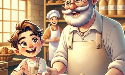 Don Julián, un hombre de mediana edad con una barba gris bien cuidada y gafas redondas, sonríe calurosamente mientras amasa una gran bola de masa en su panadería. Lleva un delantal blanco manchado de harina y ropa sencilla, y su rostro expresa alegría y pasión por su oficio. A su lado, Felipe, un niño de 10 años con el cabello castaño desordenado y ojos llenos de curiosidad, observa con asombro. Sostiene una pequeña espátula de madera y se pone de puntillas para ver mejor, mostrando una gran sonrisa. Lucía, una niña de 9 años con largas trenzas y un gorro de chef, está un poco apartada, preparando ingredientes en una mesa de madera. Mira a Don Julián con admiración, lista para ayudar. La escena transcurre en una panadería acogedora, llena de luz dorada, con estantes cargados de panes crujientes y pasteles coloridos. El aroma del pan fresco llena el aire, y decoraciones en forma de pan adornan las paredes. La situación principal muestra a Don Julián enseñando a Felipe y Lucía cómo hacer pan, con risas y gestos entusiastas, creando una atmósfera alegre y amigable.
