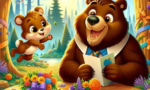 Un pequeño oso marrón llamado Bruno, con un pelaje suave y ojos brillantes de alegría, está en el centro de una mesa de madera hecha de troncos de árboles, sonriendo con emoción mientras presenta una tarjeta colorida a su papá. A su lado, su padre, un gran oso pardo de pelaje marrón oscuro, con una mirada tierna y orgullosa, está sentado, sorprendido y emocionado, con los ojos brillantes de felicidad. El escenario es un encantador rincón del bosque, bañado por la luz dorada del sol poniente, con árboles majestuosos rodeando la escena, flores coloridas esparcidas por el suelo y bayas jugosas sobre la mesa. La situación principal muestra a Bruno celebrando el Día del Padre, rodeado de sus amigos: una pequeña ardilla de ojos vivos llamada Chispa, que se afana en decorar la mesa con flores, y un alegre conejo llamado Salto, que sostiene un gran cartel de "Feliz Día del Padre" mientras salta alrededor de ellos, todos llenos de alegría y emoción.