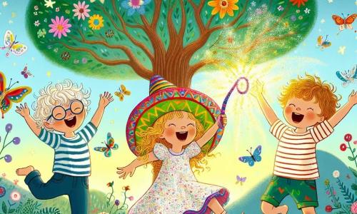 En un jardín encantado, tres amigos se divierten: Lili, una niña de 7 años con cabello rizado y un vestido colorido, baila alegremente en el centro, llevando un gran sombrero mágico que brilla intensamente. A su derecha, Tomi, un niño de 6 años con gafas redondas y una camiseta a rayas, canta como un pajarito, con los brazos levantados hacia el cielo. A su izquierda, Pipo, un niño de 7 años con cabello rubio desordenado y un pantalón corto con estampados, ríe a carcajadas tratando de seguir el ritmo de Lili. El jardín está lleno de flores brillantes de todos los colores, con mariposas volando alrededor y un gran árbol al fondo cuyas ramas se extienden como brazos acogedores. El sol brilla, creando una atmósfera alegre y mágica. La escena muestra a Lili, Tomi y Pipo bailando y cantando juntos, rodeados de risas y colores, mientras el sombrero mágico emite chispeantes destellos, añadiendo un toque de fantasía a su alegre aventura.