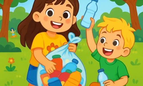 Una bambina di 6 anni, con lunghi capelli castani e occhi scintillanti di gioia, sorride ampiamente tenendo un grande sacchetto di plastica pieno di rifiuti colorati appena raccolti nel parco. Indossa una maglietta gialla con un disegno di fiore e dei pantaloni corti di jeans, e sembra orgogliosa ed entusiasta. Accanto a lei, un ragazzo di 7 anni, con capelli biondi disordinati e una maglietta verde, la aiuta a raccogliere rifiuti, ridendo e mostrando una bottiglia di plastica che ha trovato. Sullo sfondo, un parco verdeggiante è pieno di alberi maestosi, fiori colorati e un cielo blu splendente, con bambini che giocano sulle altalene e famiglie che fanno picnic sull'erba. La scena mostra la bambina e il suo amico mentre puliscono il parco, circondati da risate e buonumore, illustrando l'importanza di prendersi cura dell'ambiente.