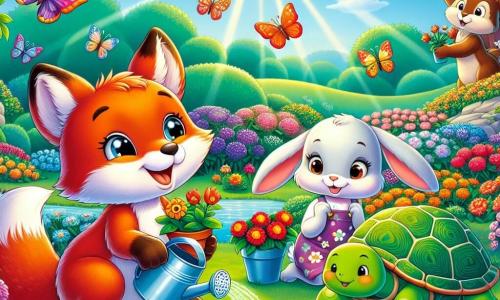 Rocco, un piccolo volpe dai peli rossi brillanti e dagli occhi pieni di curiosità, salta felicemente in un giardino colorato, circondato da fiori vivaci di tutte le tonalità. Bianca, un adorabile coniglio bianco con grandi orecchie, è seduta accanto a Rocco, con un grande sorriso sul volto, mentre tiene un piccolo vaso di terra tra le zampe anteriori. Tina, una tartaruga con un guscio verde decorato, si piega per annaffiare i fiori con un piccolo annaffiatoio, mostrando un'espressione concentrata. Leo, un piccolo scoiattolo dai peli marroni e dalla coda folta, scala un albero vicino, guardando i suoi amici con aria birichina. Il giardino è un luogo magico, pieno di fiori colorati, farfalle svolazzanti e un cielo blu brillante, con raggi di sole che illuminano la scena. Al centro, Rocco e i suoi amici stanno piantando semi di fiori, ridendo e divertendosi insieme, creando un'atmosfera gioiosa e primaverile.