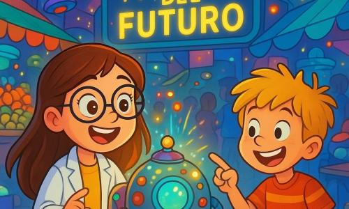 Una ragazza di 8 anni, Matilde, con lunghi capelli castani e occhiali rotondi, guarda con occhi sgranati e meravigliati una macchina del tempo brillante, piena di pulsanti colorati e luci scintillanti. Indossa un camice da scienziato, con un sorriso radioso che illumina il suo volto curioso. Accanto a lei, un ragazzo della sua età, Carlo, con capelli biondi in disordine e una maglietta a righe, indica un robot divertente che fa delle pirouette, ridendo gioiosamente. Si trovano in un mercato futuristico, pieno di bancarelle colorate, frutti dai colori vivaci e gadget strani che fluttuano nell'aria. Il luogo è animato, con luci lampeggianti e suoni di risate, creando un'atmosfera magica e gioiosa. Al centro della scena, Matilde e Carlo sono circondati da visitatori affascinati dagli oggetti straordinari, mentre un grande pannello luminoso annuncia "Mercato del Futuro". La scena principale mostra Matilde, eccitata e pronta a esplorare, mentre la macchina del tempo scintilla dietro di lei, pronta a portarli in una nuova avventura.