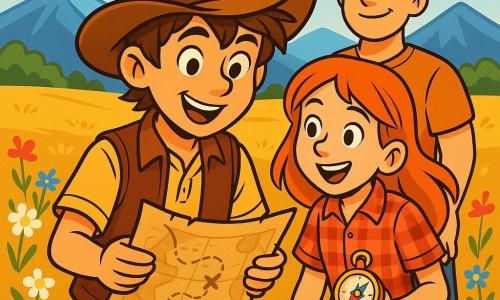 A young cowboy, Jake Mercer, a 12-year-old with messy brown hair, wears a wide cowboy hat and a leather vest. His face shows excitement and adventure, with sparkling curious eyes. He holds an old map in his hands, studying it intently. Next to him, Clara, an 11-year-old girl with bright red hair, smiles enthusiastically while holding a shiny compass. She wears a checkered shirt and denim shorts, ready to explore. Thomas, a sturdy 12-year-old boy, stands behind them with a friendly smile, wearing a simple t-shirt and jeans. Their environment is a vast golden plain dotted with colorful wildflowers, with majestic mountains in the background under a bright blue sky. The main scene shows Jake, Clara, and Thomas discovering a treasure map, surrounded by an atmosphere of excitement and mystery, ready for adventure.