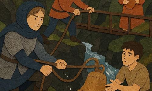 Cavaliere donna Serafina, volto determinato e dolce, armatura leggera a maglia argentata, mantello blu scuro, cicatrice al mento: accovacciata su una sporgenza rocciosa tira con entrambe le mani una corda spessa per liberare una grande campana di bronzo; ragazzo Milo ~13 anni, capelli castani spettinati, teso ma deciso, in alto su un ponte di legno con la corda avvolta attorno a un tronco come freno, guarda Serafina; ragazzo Rino ~16 anni, pastore, capelli corti bagnati, ginocchio fasciato, seduto su una roccia vicina offre la mano per aiutare; donna anziana Lina ~70 anni, volto rugoso ma sorriso caldo, in cima al sentiero osserva sollevata tenendo una brocca di terracotta; luogo: gola stretta e umida, pareti scure con muschio, torrente schiumante sotto, massi scivolosi, corde annodate e attrezzi su pietre bagnate; scena principale: momento drammatico e collaborativo mentre la campana incastrata viene lentamente tirata fuori dall’acqua con spruzzi e raggi di luce che tagliano l’ombra, texture di metallo, legno e pietra; stile visivo: collage carta ritagliata, ritagli netti e strati sovrapposti, colori saturi e contrastati (blu profondo, verde muschio, bronzo caldo), ombre semplici e bordi leggermente irregolari per un effetto artigianale.