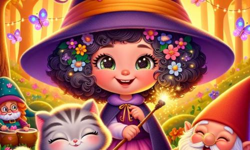 Una niña de 9 años, Lila, con cabello rizado y esponjoso, lleva una gran gorra de mago que le cubre los ojos. Tiene una sonrisa radiante y ojos brillantes de emoción mientras sostiene una varita mágica de madera, rodeada de flores coloridas que bailan a su alrededor. A su lado está Miau, un gato mágico de pelo gris y ojos verdes brillantes, que bosteza mientras se frota los ojos, con un aire perezoso. Un poco más allá, Gnomito, un pequeño gnomo con un sombrero rojo puntiagudo y barba blanca, toca alegremente el tambor mirando a Lila con una sonrisa cómplice. La escena ocurre en el Bosque de los Susurros, un lugar encantador donde los árboles susurran suavemente, sus hojas brillando bajo la luz dorada del sol poniente. Luciérnagas iluminan el paisaje con pequeñas luces mágicas, mientras flores multicolores crean un vibrante tapiz de colores. La situación principal muestra a Lila y sus amigos preparando una gran fiesta para despertar a las criaturas dormidas del bosque, con flores volando en el aire y música alegre resonando, creando una atmósfera de magia y felicidad.