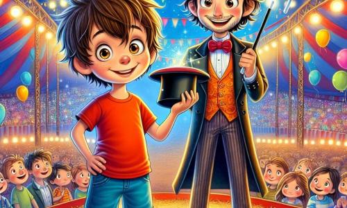 Un ragazzo di 8 anni, Marco, con i capelli castani in disordine e gli occhi pieni di curiosità, si trova al centro della scena, con un grande sorriso che illumina il suo volto. Indossa una maglietta rossa e un pantaloncino blu, tenendo una grande bacchetta magica in mano, pronto a fare un trucco di magia. Accanto a lui, Leonardo, un giovane mago di circa 10 anni, con un grande cappello nero troppo largo e una giacca colorata, guarda Marco con un sorriso incoraggiante. Tiene un cappello in cui si nasconde un oggetto misterioso. Sullo sfondo, la grande tenda del circo è decorata con colori vivaci, luci scintillanti e festoni svolazzanti. Il pavimento è coperto di paglia e coriandoli, creando un'atmosfera festosa. La scena principale mostra Marco e Leonardo sul palco, circondati da palloncini colorati che fluttuano nell'aria, mentre si preparano a fare un trucco di magia insieme, catturando l'attenzione di un pubblico meravigliato.