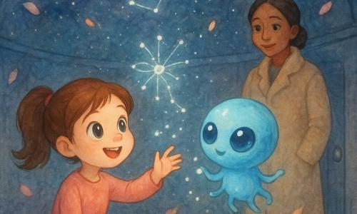 A 6-year-old girl with big bright eyes and brown pigtails, smiling and sitting on a round soft cushion reaching toward projected stars; a small round luminous sky-blue alien with silver highlights, sparkling eyes and three tiny waving arms floats beside her, manipulating points of light; the mother, about 30, in a soft beige coat stands near a silver door at the back with a tender protective look; the dome is a large dark round room with polished metal walls and a velvety carpet, projectors creating a dense shimmering starry sky with colorful constellations and floating petals of light; main scene: the girl and the alien draw luminous constellations together forming a large floral motif and the Big Dipper, in a soft, magical palette of pastels and silver reflections.