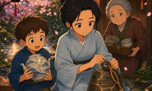 The protagonist is Aya, a gentle, focused woman with black hair in a simple bun, wearing a pale blue kimono with wave motifs; she delicately repairs a small bronze bell's cord with golden thread. To her left stands Kenji, about 11, brown short hair and wide-eyed, clutching a cracked porcelain teapot decorated with mountains and waves. Behind to the right is Nori, an elderly, stooped but alert woman with grey hair and an earthy kimono, smiling and holding a small box of cracked bowls. The scene is a small wooden Shinto shrine with low dark doors, mossy stone floor, red-and-white paper lanterns, a distant sparkling stream and warm lantern light reflecting on the water; floating lanterns and falling cherry petals create an intimate, luminous atmosphere centered on the shining bell and the golden repair lines.