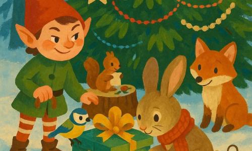 The scene shows a mischievous little Christmas elf with a pointed red hat, rosy cheeks, a sly smile, and a short green coat, striped red-and-white stockings, holding the handle of a green starry box with a shiny bow set on candy-cane 