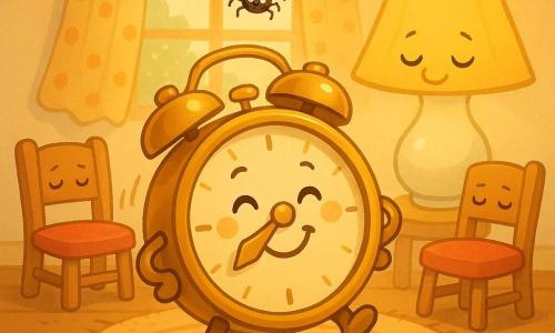 A small round alarm clock as the main character, made of shiny brass with a smiling face painted on the dial, a long golden minute hand and a short silver hour hand, plump and warm with a content, proud expression, ticking and swaying slightly as if humming; a bedside lamp as secondary character, white porcelain body with a yellow shade, half-closed eyes and a tender smile, casting warm light just behind the clock; two small slightly wobbly wooden chairs with red cushions as secondary characters, sleepy eyes and calm postures placed left and right in the background; a tiny shiny spider with a round black body, eight thin legs and a silver silk thread swinging joyfully above the clock and gently touching its top; a square window letting in golden sunbeams, light polka-dot curtains stirring and a blurred garden beyond; warm wooden plank floor, a soft rug under the clock and a few simple toys scattered; the scene shows a calm, gentle moment with the clock ticking at the center while the others listen peacefully, warm palette of yellows, golds and soft reds, rounded shapes and a centered, reassuring composition.