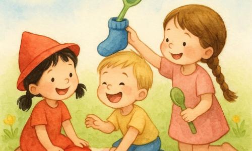 Three children about 4 years old on a soft green lawn under a pale blue sky: a girl on the left with black pigtails and a small red hat smiles as she places a red hat on the ground; a blond boy in the center stacks a blue sock on the hat and laughs at the tower; a girl on the right with a brown braid holds a green spoon and places it atop the tilting tower. A pastel check blanket lies on the grass with a few yellow flowers and a warm round sun in the corner. They are building a wobbly tower of funny objects (red hat, blue sock, green spoon) that is tipping; the scene is playful and colorful.