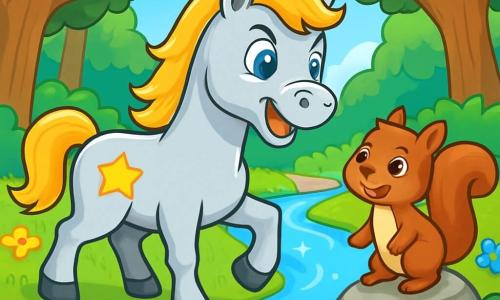 A young horse named Star, with a shiny silver coat and sparkling eyes full of joy, stands by a shimmering river. He shows an expression of excitement and determination. Next to him, a small squirrel named Nutty, with brown fur and mischievous eyes, climbs on a rock, ready to encourage him. In the background, an enchanted forest rises, with majestic trees and vibrant green leaves, and colorful flowers lining the path. The river, with its crystal-clear waters, winds through the landscape, creating a magical atmosphere. Star and Nutty are preparing to cross the river, facing the challenges ahead together.