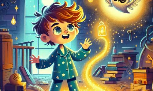 An 8-year-old boy with tousled brown hair and sparkling curious eyes stands in the center of a dark room, his face marked by wonder and excitement. He wears blue pajamas with white stars, and his small hands reach out to a golden glow floating before him. Beside him is a small character named Whisper, a mysterious creature with a cloak of shadows and eyes shining like coins, floating in the air. Whisper smiles, his butterfly wings gently shimmering in the dim light. The setting is a dusty attic filled with old toys, stacked books, and cobwebs, with a round window letting in a silver moonbeam, creating a magical and slightly eerie atmosphere. The main scene shows the boy reaching for the golden light, a brave memory escaping from a glass jar, while Whisper encourages him to remember his own moments of bravery.