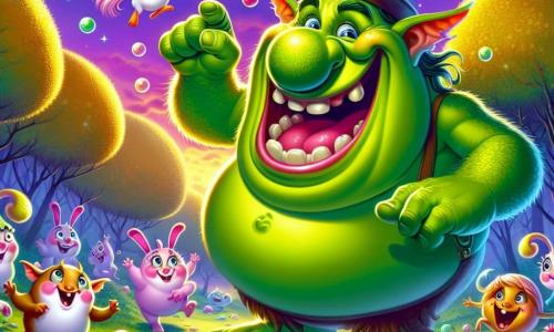 A green ogre, as big as a haystack, with a wide smile and sparkling mischievous eyes, stands at the center of the scene. His nose is large and rounded, and he wears a salad bowl-shaped hat decorated with colorful jellybeans. He is laughing, hands raised, surrounded by floating soap bubbles. Next to him is a small winged creature, Squee, a pink flutterpig with sparkling wings, joyfully flying in loops, her eyes shining with happiness. She perches on the ogre's shoulder, laughing and pointing at a group of amused creatures. The setting is a vibrant glade in Blunderwood, filled with trees bearing golden and blue fruits, under a purple sky sprinkled with twinkling stars. Funny creatures, like rainbow-eared rabbits and marshmallow birds, dance around them, creating a festive and joyful atmosphere. The main situation shows the ogre making a grand gesture, causing a burst of laughter as he has just dropped a golden egg that explodes into bubbles of confetti and whipped cream, turning the scene into a true festival of joy and laughter.