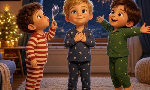 Three 4-year-old boys in a warm nighttime living room perform a tender New Year ritual: a blond boy in blue star pajamas stands center before a window with hands on his heart and a gentle smile, a curly brown-haired boy in red-and-white striped pajamas stands left blowing upward as if sending a wish, and a straight chestnut-haired boy in green moon pajamas stands right, lightly hopping on tiptoe with arms open for a hug; the scene is lit in soft golden light on a cream rug, a small table holds apple juice and pancakes, a small decorated table tree with warm yellow lights and closed blue curtains frame a large window showing distant sparkling fireworks, faces round with bright eyes, warm colors, soft textures, and a calm, festive atmosphere.