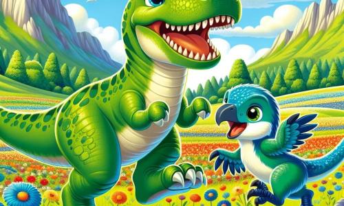 Un Tyrannosaurus Rex di nome Tito, con una pelle verde e scaglie brillanti, si trova al centro della scena, mostrando un grande sorriso gioioso, con gli occhi scintillanti di curiosità. Sta giocando in un prato colorato, circondato da fiori vivaci di tutti i colori, mentre salta allegramente. Accanto a lui, un Velociraptor di nome Rina, con piume blu e verdi scintillanti, corre con entusiasmo, le sue piccole zampe agili che frustano l'aria. Il paesaggio è un vasto prato soleggiato, punteggiato di fiori rossi, gialli e blu, con maestose montagne sullo sfondo e un cielo azzurro chiaro punteggiato di nuvole bianche. La scena principale mostra Tito e Rina che giocano insieme, ridendo e divertendosi, illustrando la gioia dell'amicizia in un mondo preistorico vibrante e colorato.