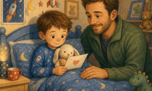 There are two characters: Leo, a 5-year-old boy in blue rocket pajamas with short brown hair, holding a white bunny comforter and reading a small envelope with a heart, seated center on the bed under the covers; and his 35-year-old father with short chestnut hair, light beard and a green jacket, sitting on the right edge of the bed with one hand on the blanket, smiling gently at Leo. The cozy child's bedroom has cream walls, a nightlight projecting soft stars, a light-wood nightstand with a red star mug, a book basket and a blue toy chest, a blue moon blanket and a paper mobile above the bed. The scene is a calm, intimate bedtime moment as Leo discovers a letter from his mother while his father listens and keeps him company; warm light, visible pencil textures and soft, comforting expressions emphasize security and tenderness.