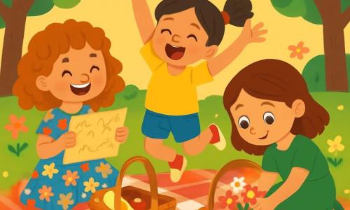 Ci sono 3 personaggi: - Sofia: una ragazza di 7 anni con capelli ricci color caramello, che indossa un vestito a fiori colorati. Sorride felicemente, tenendo una mappa del tesoro tra le mani. - Martina: una ragazza di 6 anni con guance rosa e capelli lisci, raccolti in due codini. Indossa una maglietta gialla e un pantaloncino di jeans, saltando di gioia con le braccia alzate. - Giulia: una ragazza di 7 anni con capelli castani e occhi scintillanti. Indossa un vestito verde e si piega per raccogliere un bel mazzo di fiori selvatici. Le tre amiche sono sedute su una grande coperta a quadri rossi e bianchi, in un parco soleggiato, circondate da alti alberi con foglie verdi e fiori colorati che danzano nel vento. La situazione principale mostra le ragazze che preparano un picnic a sorpresa per le loro mamme, con cestini pieni di deliziose prelibatezze, biscotti al cioccolato e frutta fresca, ridendo e divertendosi insieme.