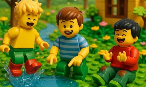 Três meninos de 6 anos: Tomás — cabelo castanho curto, sorriso largo, camisa listrada azul e calça verde, agachado no centro diante de uma grande poça, apontando para a água; Lucas — cabelo loiro desgrenhado, camiseta amarela e botas vermelhas, à esquerda, saltando na poça com respingos; Pedro — cabelo preto liso, moletom vermelho, joelhos cobertos de lama, sentado à direita na relva, rindo e batendo palmas. Cena num jardim campestre em LEGO com relva verde viva, árvores de folhas verde-claras, flores amarelas e rosas, um ribeiro azul translúcido e, ao fundo, uma casa com telhado vermelho e janela aberta. Situação: os três brincam sob um sol suave de primavera; grande poça brilhante ao centro com respingos em peças translúcidas, pétalas e pequenas folhas ao redor, atmosfera alegre e colorida, foco no ato de pular e rir.