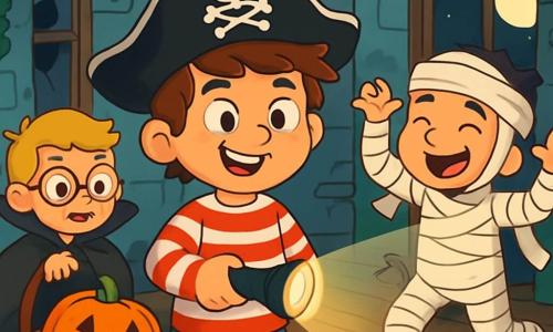 Há 3 personagens: - Lucas: um garoto de 10 anos, com cabelo castanho bagunçado, usando um chapéu de pirata preto e uma camisa listrada vermelha e branca. Ele está no centro, sorrindo, com uma expressão travessa. - Pedro: um garoto de 9 anos, com cabelo loiro e óculos redondos, vestido de vampiro com uma capa preta e dentes afiados. Ele está um pouco recuado à esquerda, olhando curiosamente ao redor. - João: um garoto de 8 anos, com cabelo preto e um grande lenço que faz de faixa, vestido de múmia com faixas brancas. Ele está à direita, rindo e fazendo gestos engraçados. O local é uma velha casa abandonada, com paredes de pedra cinza cobertas de hera verde. As janelas estão quebradas, deixando passar a luz da lua cheia que ilumina o chão de madeira rachada. Teias de aranha pendem dos cantos, e uma cesta de abóboras sorridentes está em frente à porta. A cena principal mostra os três amigos explorando a casa, com Lucas segurando uma lanterna, iluminando as sombras misteriosas ao redor. Pedro observa curiosamente uma cesta de abóboras, enquanto João, divertido, imita um fantasma levantando os braços.