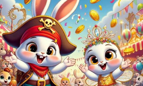 Un adorabile coniglietto bianco di nome Bobo, con grandi orecchie e un sorriso radioso, è al centro dell'immagine, lanciando coriandoli dorati in aria con entusiasmo. Indossa un costume da pirata colorato, con una bandana rossa e una spada di legno, mostrando un'espressione di gioia ed eccitazione. Accanto a lui, la sua migliore amica, Gina la tartaruga, è vestita con un abito da fata scintillante, con ali delicate e un sorriso incantato. Applaude e danza, con gli occhi brillanti di felicità, mentre si tiene vicino a Bobo. Il decor è una piazza animata del carnevale, piena di palloncini colorati che fluttuano nel cielo, stand di dolciumi e luci scintillanti. Animali di ogni tipo ballano e si divertono intorno a loro, creando un'atmosfera festosa e gioiosa. La scena principale mostra Bobo e Gina che celebrano la loro scoperta dei coriandoli magici, mentre i confetti dorati volano intorno a loro, aggiungendo un tocco di magia a questa giornata indimenticabile.