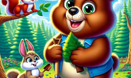 Benny, a fluffy brown bear with big curious eyes and a wide joyful smile, stands at the center of the scene holding a small wooden shovel, ready to plant a young tree. Next to him, Ellie, a mischievous squirrel with red fur and a bushy tail, climbs a branch, looking at Benny with excitement, her eyes sparkling with joy. Lenny, a rabbit with large white ears and soft fur, sits on the ground digging a hole with his front paws, showing a focused and determined expression. In the background, the forest is lush with majestic green trees, colorful flowers, and a bright blue sky. The scene depicts Benny and his friends planting trees to protect their forest, surrounded by a joyful and lively atmosphere.
