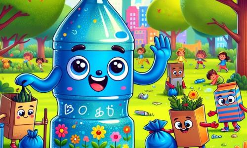 Boti, una botella de plástico azul brillante, sonriente y decidida, se encuentra en el centro del parque, levantando una mano para animar a los niños a unirse. Sus ojos brillan de entusiasmo y su cuerpo está decorado con pequeños dibujos de flores y animales. Junto a ella, Carty, una caja de cartón marrón, recoge basura con una gran sonrisa, sus brazos abiertos y llenos de alegría. Gigi, una bonita maceta de vidrio transparente, brilla bajo el sol, sosteniendo flores coloridas que acaba de plantar, mostrando una expresión de orgullo. Tilly, un bolso de tela rayada, está agachada, lista para recoger basura, con una mirada concentrada y decidida. El parque es verde, lleno de árboles con hojas brillantes, flores multicolores y un césped bien cuidado. Niños alegres, riendo y jugando a su alrededor, añaden vida a la escena. La situación principal muestra a Boti y sus amigos en acción, recogiendo basura y concienciando a los niños sobre la importancia de preservar la naturaleza, con sonrisas radiantes y una atmósfera de camaradería y compromiso con la ecología.