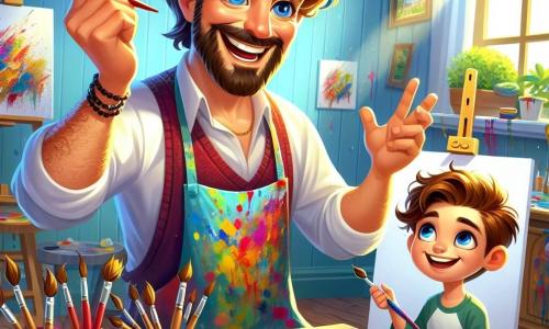 A man, Leo, is at the center of the image, a passionate artist in his forties with slightly tousled brown hair and a well-groomed beard. He wears a colorful, paint-splattered apron, and his face radiates joy and enthusiasm as he shows a young boy how to paint. Leo holds a paintbrush in one hand while the other is raised to encourage the boy. Next to Leo is Max, a ten-year-old boy with brown hair and curious shining eyes. He is focused on his canvas, holding a blue paintbrush, and his bright smile shows his excitement. Max is sitting on a small stool, surrounded by pots of multicolored paint. The scene takes place in a bright art studio with large windows letting in sunlight. The walls are covered with vibrant canvases, and the floor is speckled with paint stains. Brushes and paint pots are scattered across a large wooden table, creating a creative and joyful atmosphere. The main situation shows Leo and Max painting together on a canvas, surrounded by bright colors and a sense of camaraderie. Leo enthusiastically explains painting techniques while Max diligently works on his own masterpiece, illustrating the magic of artistic learning and sharing creativity.