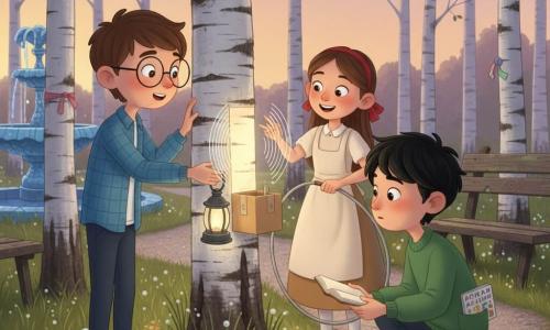 Sunt trei personaje: Doru, băiat de ~11 ani cu păr brun scurt și ochelari rotunzi, cămașă în carouri albastre, ține o cutie mică de carton cu o lanternă atașată, stă în stânga și își pune mâna pe trunchiul unui mesteacăn privind uimit; Vlad, băiat de ~11 ani cu păr negru rebele, hanorac verde, ține un carnet deschis și are un abecedar-autocolante în buzunar, e în dreapta, ghemuit, privește cutia cu prudență și curiozitate; Mara, fată de ~9 ani în rochie crem simplă cu șorț și panglică roșie în păr, împinge un cerc de fier cu un băț, stă puțin în spate la centru, zâmbitoare și invitantă, arătând trunchiul mesteacănului. Loc: parc vechi la amurg, alee pietruită flancată de mesteacani cu trunchiuri albe pătat, bănci de lemn patinate, panglici colorate în crengi, iarbă înaltă cu picături de rouă strălucind, fântână de piatră cu mozaic albastru în fundal. Situație: băieții au apărut printr-o fereastră luminoasă în cutie; lanterna proiectează un cerc de lumină argintie pe trunchiul care pare să „șoptească” (linii fine luminoase), Mara îi primește; atmosferă blândă de amurg, expresii surprinse și complice, interacțiuni calme, compoziție centrată pe trunchi și cutia luminată, stil copilăros, texturi clare, umbre blânde, paletă pastel cu accente verzi și argintii.