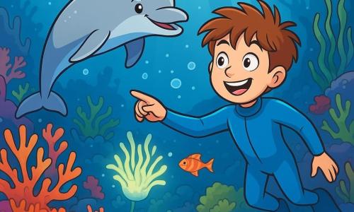 Un niño de 10 años, llamado Constant, con cabello castaño desordenado y ojos brillantes de curiosidad, nada alegremente bajo el agua, vestido con un traje de buceo azul. Su rostro expresa una emoción palpable, con una amplia sonrisa que revela su entusiasmo por la aventura. A su lado, un delfín llamado Dario, con piel suave y plateada, nada con agilidad, mostrando una expresión amistosa y traviesa. Dario parece animar a Constant, guiándolo a través del mundo submarino. El escenario es un hermoso arrecife de coral, lleno de corales coloridos en forma de flores, peces tropicales de colores vivos y algas ondulantes que bailan al ritmo de las corrientes marinas. Rayos de luz filtran a través del agua, creando un espectáculo centelleante a su alrededor. La situación principal muestra a Constant, maravillado, descubriendo una planta luminosa que flota cerca de un hermoso coral, mientras un gran pez guardián, con escamas brillantes, se encuentra cerca, listo para plantear un desafío.