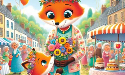 Un pequeño zorro llamado Rufus, con un pelaje naranja brillante y una cola esponjosa, sonríe alegremente sosteniendo un ramo de flores silvestres con sus patas. Sus ojos brillantes expresan emoción y amor, mientras se encuentra frente a su mamá, la dulce Madame Zorra, que lleva un bonito pañuelo floral y una cálida sonrisa. Ella está emocionada y mira a su hijo con ternura, sus ojos brillando de felicidad. La escena tiene lugar en una encantadora plaza del pueblo, decorada con globos de colores y guirnaldas de flores, donde mamás e hijos se divierten juntos. A lo lejos, hay puestos de pasteles y juegos, llenando el aire de risas y dulzura. Rufus y su mamá están en el centro de esta alegre fiesta, rodeados de otras familias, compartiendo un momento de felicidad y amor por el Día de la Madre.