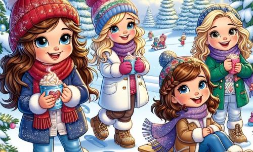 Quattro ragazze felici di otto anni si trovano in un parco innevato. Sofia, con lunghi capelli castani e un berretto rosso, sorride tenendo una tazza di cioccolata calda. Alla sua destra, Emma, con capelli biondi e ricci, guarda con meraviglia delle impronte scintillanti nella neve. Clara, con una piccola treccia e un cappotto blu, si appoggia alla sua slitta, pronta a scivolare. Infine, Giulia, con capelli castani e una sciarpa colorata, ride lanciando una palla di neve verso le sue amiche. Il parco è un paesaggio incantato, coperto da uno spesso strato di neve brillante, con alberi maestosi carichi di fiocchi. Il cielo è di un blu splendente, punteggiato di nuvole bianche e soffici, e il sole brilla dolcemente, illuminando la scena con una luce dorata. Le ragazze scoprono impronte magiche nella neve, chiedendosi se possano appartenere alla leggendaria Dama di Neve, e si preparano a esplorare il misterioso boschetto che le circonda, piene di eccitazione e curiosità.