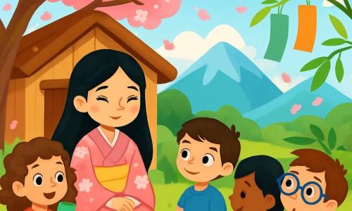 Una giovane donna di nome Hana, con lunghi capelli neri come l'ebano e occhi brillanti come stelle, è seduta davanti alla sua piccola casa di legno. Indossa un kimono tradizionale con motivi di fiori di ciliegio, e il suo viso esprime una dolce serenità, un sorriso rassicurante illumina il suo sguardo. Accanto a lei, un gruppo di quattro bambini, di età compresa tra i 7 e i 10 anni, è seduto in cerchio. Una ragazza con capelli ricci, vestita con un abito rosso, tiene un piccolo pezzo di carta colorata tra le mani, gli occhi brillanti di eccitazione. Un ragazzo dai capelli corti e castani, con una maglietta blu, guarda attentamente Hana, curioso. Un'altra ragazza, con trecce e una gonna verde, disegna fiori sul terreno con un bastone. Infine, un ragazzo con occhiali tondi, vestito con una camicia a quadri, osserva il vento far danzare i petali di ciliegio, affascinato. La scena si svolge in una valle verdeggiante, circondata da maestose montagne, dove i ciliegi in fiore creano una nuvola rosa sopra la casa. Il cielo è di un blu splendente, punteggiato di alcune nuvole bianche e soffici. Hana spiega ai bambini come scrivere i loro desideri su pezzi di carta colorata e appenderli ai rami di bambù, aspettando che il vento li porti via. I bambini, catturati dalle sue parole, sono impazienti di scoprire la magia della pazienza e dell'attesa.