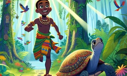 Kofi, un giovane africano di circa 20 anni, ha occhi brillanti e un ampio sorriso che esprime il suo entusiasmo. Indossa un pagne colorato con motivi tradizionali e una collana di perle. Kofi cammina con determinazione in una foresta lussureggiante, circondato da alberi maestosi con foglie verdi brillanti, mentre uccelli colorati volano intorno a lui. Vicino a lui, una tartaruga maestosa di almeno 100 anni, con un grande guscio decorato con simboli antichi, si muove lentamente sul terreno, guardando Kofi con saggezza. Il luogo è una foresta densa, dove la luce del sole filtra attraverso il fogliame, creando ombre danzanti sul terreno coperto di fiori selvatici e felci. La situazione principale mostra Kofi, determinato e gioioso, che intraprende il cammino della sua avventura, pronto a scoprire il mistero del Lago delle Stelle, mentre la tartaruga, simbolo di saggezza, lo osserva con benevolenza, pronta a offrirgli consigli preziosi.