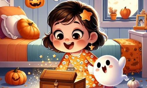 Una niña de 4 años, Lila, con grandes ojos brillantes y una sonrisa maravillada, lleva un vestido naranja con motivos de calabazas. Está agachada, tocando una caja misteriosa debajo de su cama, rodeada de hojas de caramelo que brillan. A su lado, un pequeño fantasma llamado Nube, todo blanco y suave, flota alegremente, con una cara sonriente y los brazos abiertos, listo para jugar. La escena transcurre en la habitación de Lila, decorada con guirnaldas de fantasmas de papel y calabazas de plástico, con una ventana que muestra la luna llena y estrellas brillantes. Lila descubre la caja mágica que se abre sola, dejando escapar chispas de polvo de estrellas, creando una atmósfera encantada y alegre.