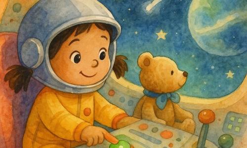 Luna é uma menina alegre, rosto redondo e olhos brilhantes, cabelos castanhos em rabo de cavalo, usa um capacete prateado e uma roupa espacial amarela com botões vermelhos; sentada no cockpit, pressiona um botão vermelho com um pequeno sorriso concentrado; um ursinho de pelúcia marrom claro com laço azul está ao lado olhando pela grande cúpula oval para um céu noturno estrelado, um grande planeta azul-esverdeado com nuvens brancas e um cometa brilhante riscando o espaço; o interior é colorido com painéis redondos, alavancas vermelhas e verdes, telas luminosas e almofadas macias, halos como aquarela; cena simples e acolhedora de uma pequena piloto corajosa admirando o espaço enquanto aciona um botão que se acende em verde.