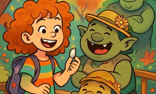 Marjorie Puddlewhisk, a 12-year-old girl with curly, tousled hair, sports a wide mischievous smile and sparkling curious eyes. She wears a colorful tunic and a backpack adorned with fantastic patterns while holding a shiny little pebble in her hand. Next to her, a round, jovial troll of about 30 years, wearing a straw hat decorated with wilted flowers, laughs heartily, revealing chipped teeth. Another tall, lumpy troll stands in the background, arms crossed, with an amused expression. 

The scene takes place on a rickety wooden bridge surrounded by an enchanted forest where the trees have multicolored leaves and flowers dance in the wind. Fireflies twinkle around, adding a magical touch to the atmosphere. 

Full of enthusiasm, Marjorie has just solved a riddle posed by the trolls and celebrates her victory with a joyful laugh, while the trolls prepare to share a giant cake, creating a festive and friendly ambiance.
