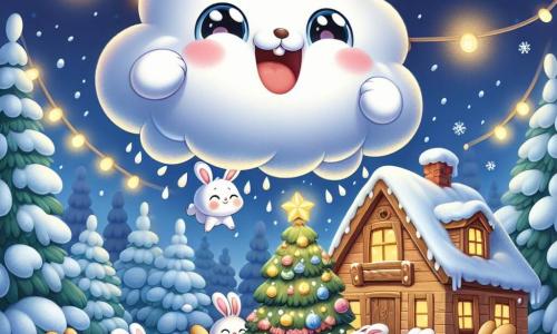 Una pequeña nube blanca y esponjosa, llamada Nube, flota alegremente en el cielo, con una gran sonrisa en su rostro. Sus ojos brillan de felicidad mientras mira hacia abajo, donde se encuentra un orfanato de pequeños animales. A su alrededor, varios pequeños animales están presentes: conejitos de grandes orejas, de pelaje suave y marrón, que saltan de alegría al descubrir zanahorias doradas. Tienen expresiones maravilladas y están bailando alrededor de un árbol de Navidad decorado con guirnaldas brillantes. El lugar es un encantador orfanato de madera, rodeado de abetos nevados, con copos de nieve cayendo suavemente del cielo. El suelo está cubierto de una gruesa capa de nieve, y luces de colores brillan en el árbol, creando un ambiente cálido y festivo. La situación principal muestra a Nube, la nube, cantando alegremente mientras observa a sus amigos animales que se divierten abriendo sus regalos, llenos de sorpresas mágicas, bajo el gran árbol de Navidad.