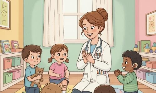 Doutora Clara, médica, sorriso caloroso e olhar meigo, cabelo castanho preso em coque, veste um pequeno jaleco branco com bolsos cheios de lápis e um estetoscópio colorido; ajoelha-se no centro de um círculo de crianças, aplaudindo suavemente. João, cerca de 5 anos, cabelo curto castanho, segura um ursinho de pano e olha curioso, à esquerda; Ana, cerca de 4 anos, cabelos em maria-chiquinha, tem o joelho enfaixado com um curativo em forma de estrela rosa e sorri timidamente à frente da doutora; Miguel, cerca de 2 anos, cabelo cacheado preto, usa um pequeno aparelho auditivo bege atrás da orelha, bate palmas ritmadas à direita, no centro do círculo. A sala da creche é luminosa e acolhedora, paredes em tons pastel, tapetes coloridos com motivos de animais, estantes baixas com livros e brinquedos e uma grande janela com luz suave. Cena principal: momento de jogo inclusivo em que a doutora convida as crianças a desenhar e fazer sons; todas participam rindo, em clima terno e cuidadoso.