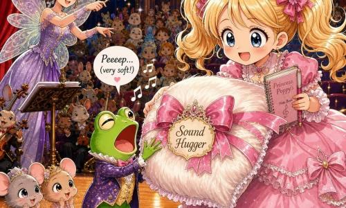 Princess Poppy (girl) stands center, joyful and focused with a round face, big sparkling eyes, blonde pigtails, a pale pink ruffled dress, holding a small notebook and a feather pillow decorated with a glitter ribbon called Sound Hugger, while Sir Ribbit von Croak, a small expressive green singing frog, stretches his mouth wide to try a soft note toward the pillow placed on stage before the princess; the conductor fairy (young adult female) stands left, small with shimmering translucent wings and a wand pointed encouragingly, two very young ballet mice (mixed genders) sit at the stage edge in miniature tutus, timidly clapping and watching the frog, and the enchanted theater fills the background with red velvet curtains, hanging golden chandeliers, a shiny wooden floor and purple velvet seats occupied by a colorful blurred fantastical audience, the scene bright and warm, funny and reassuring, with vivid colors, detailed textures (feathers, ribbons, glitter) and exaggerated manga-style facial expressions to convey emotion and humor.