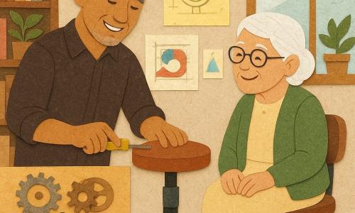 Um homem de meia-idade, com cabelos grisalhos e um sorriso caloroso, está sentado em sua oficina cheia de peças mecânicas e croquis coloridos. Ele parece concentrado e satisfeito, segurando uma ferramenta. Ao lado dele, uma mulher idosa, cerca de 75 anos, com cabelos brancos e óculos, está sentada em um pequeno assento com rodas. Ela sorri com confiança, observando o homem com admiração. A oficina é iluminada, com prateleiras cheias de livros e plantas verdes, e uma grande janela que permite a entrada da luz do dia. A cena principal mostra o homem ajustando o assento com rodas, enquanto a mulher testa o mecanismo com curiosidade e alegria.