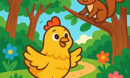 A little chicken named Rosie, with shiny golden feathers, stands proudly on a dirt path, her determined gaze and heart racing with excitement. Her curious eyes sparkle as she confidently spreads her wings. Next to her, a playful squirrel named Sammy, with brown fur and bright eyes, climbs a branch, encouraging her with a friendly smile. They are in a dense forest where tall, gnarled trees reach towards the sky, their green leaves forming a canopy of light and shadow. Colorful flowers dot the ground, adding a touch of magic to the enchanting landscape. The scene shows Rosie and Sammy preparing to cross a winding path, surrounded by the wild beauty of nature, as a gentle breeze makes the leaves dance around them, creating an atmosphere of adventure and discovery.