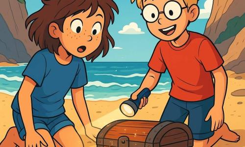 A 12-year-old girl with messy brown hair and freckles on her face looks wide-eyed and amazed at an ancient wooden chest half-buried in the sand. She wears a blue t-shirt and denim shorts, her bare feet slightly covered in sand. Next to her, a 12-year-old boy with round glasses and tousled blonde hair holds a flashlight, illuminating the chest with an excited smile. They are on a small secret beach, surrounded by steep cliffs and gentle waves lapping at the shore, with a bright blue sky and a few fluffy white clouds. The main scene depicts the discovery of the mysterious chest, with glimmers of light sparkling on the worn wood, while shells and colorful seaweed are scattered around them, creating an atmosphere of adventure and magic.