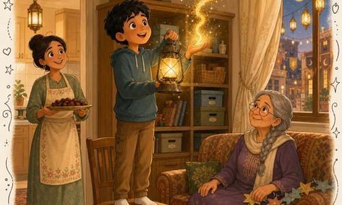 A 12-year-old boy with a round face, light brown skin, short black hair and big bright eyes stands on a wooden chair holding an antique metal lantern that emits golden dust shaped like a question mark; his curious, amazed expression is centered in a warm living room with light wood furniture, labeled-box shelves and a window showing a street decorated with lamps and Ramadan banners; a smiling, slightly amused mother (about 35, hair in a bun, apron) stands in the kitchen doorway holding a tray of dates to the left, and a kindly grandmother (about 68, braided gray hair, round glasses) sits on a patterned fabric sofa to the right with her hand on a paper star garland, all bathed in golden evening light and the lantern’s warm reflections.
