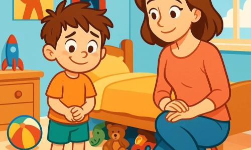A 6-year-old boy named Timmy, with messy brown hair and sparkling mischievous eyes, stands in his room. He has a guilty look with a slight nervous smile as he glances under his bed where his toys are hidden. Next to him, his mother, a gentle woman in her 30s with brown hair and a warm smile, watches her son with an expression of concern and love. The room is bright and colorful, with light blue walls, superhero posters, and toys scattered on the floor, creating a joyful yet messy atmosphere. The main situation shows Timmy hesitating to admit that he hasn't really cleaned his room, while his mother awaits an honest answer, creating a gentle and emotional tension in the air.