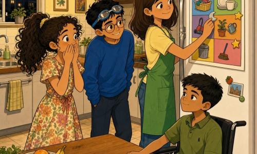 Four children in a warm, well-lit apartment kitchen at night: Amal, about 13, mid-length brown hair, pale yellow T-shirt and green apron, standing right by a white fridge and reaching to place a small silver crescent sticker on a colorful poster reading WE SHARE THE TASKS; Yusuf, about 12, short black hair, round glasses, blue sweatshirt, left of Amal, leaning forward with a mischievous smile and pool goggles on his forehead as a joke; Mina, about 10, curly hair in a ponytail, floral dress, by the counter on the left with hands over her mouth and wide-eyed wonder; Ayaan, about 11, in a wheelchair, short hair, olive-green polo, in the foreground at the right of the worktop calmly watching while holding a cloth to wipe the counter. The kitchen has light tile and wooden countertops, a sink with a few plates, colorful magnets on the fridge, warm yellow pendant light, a cozy family-sharing atmosphere, warm color palette, clean rounded comic-style lines and visible textures of wood, fabric, and metal.