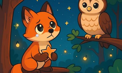 A young fox with bright orange fur and sad, shiny eyes sits on a tree branch, gazing at the starry sky with a melancholic expression. It holds a small paper star in its paws, symbolizing its memories. Next to it, a wise owl with brown and white feathers and comforting round eyes perches on another branch, watching the fox with a gentle, soothing expression. The setting is a magical clearing in a lush forest, where tall, majestic trees have leaves shimmering under the starlight. Fireflies dance around them, adding a touch of magic to the scene. The main situation depicts the fox sharing memories of its friend, the owl, as they look at the stars together, symbolizing love and memory that endure even after a loved one has departed.