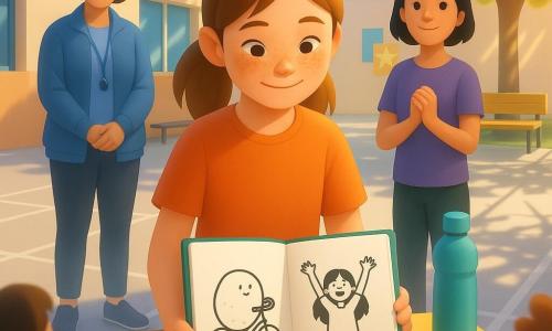 Niña de 12 años, Lara: rostro redondo con pecas, cabello castaño recogido en coleta, mirada concentrada y sonrisa tímida, muestra un cuaderno verde abierto con dibujos en blanco y negro y una viñeta de una niña montando en bici; Paula, amiga de 12 años, pelo negro corto, expresión alentadora y manos juntas, está detrás a la derecha sonriendo; señora Manuela, mujer de ~50 años, piel clara, chaqueta azul y silbato, al fondo a la izquierda con manos cruzadas y mirada amable. Patio escolar al mediodía, suelo de hormigón claro con líneas de juego, mesas de madera, carteles coloridos y banco al sol; sombras marcadas de árboles. Escena: Lara de pie tras una mesa pequeña, cuaderno apoyado en una botella de agua, muestra viñetas a un grupo de alumnos que aplauden y se sorprenden, una viñeta muestra una rueda cómica y la última a la niña con las manos en alto triunfante. Ambiente: tonos pastel cálidos, luz suave con contrastes sol/sombra, texturas de papel visibles y trazos negros pronunciados. Plano medio centrado en Lara, profundidad con personajes secundarios ligeramente desenfocados y perspectiva baja para transmitir orgullo contenido.