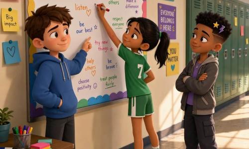 Three 12-year-olds—Milo, fair-skinned with short brown hair in a blue hoodie, shy but determined, slightly behind the whiteboard pointing at it; Lina, olive-skinned with a black ponytail in green sportswear, confident, leaning in holding a red marker; and Nova, tan with a tapered haircut and two hair clips, calm and mischievous in a gray jacket with arms crossed—stand in a school hallway by a classroom door before a large white mural bordered with colored paper reading WE CAN ALL… as they arrange and add multicolored handwritten messages with scattered markers and sticky notes, a morning light-lit inclusive, collaborative scene.